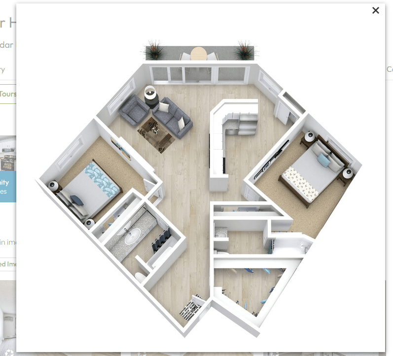 Floor plan for 2 beds, 2 baths, 981 sqft